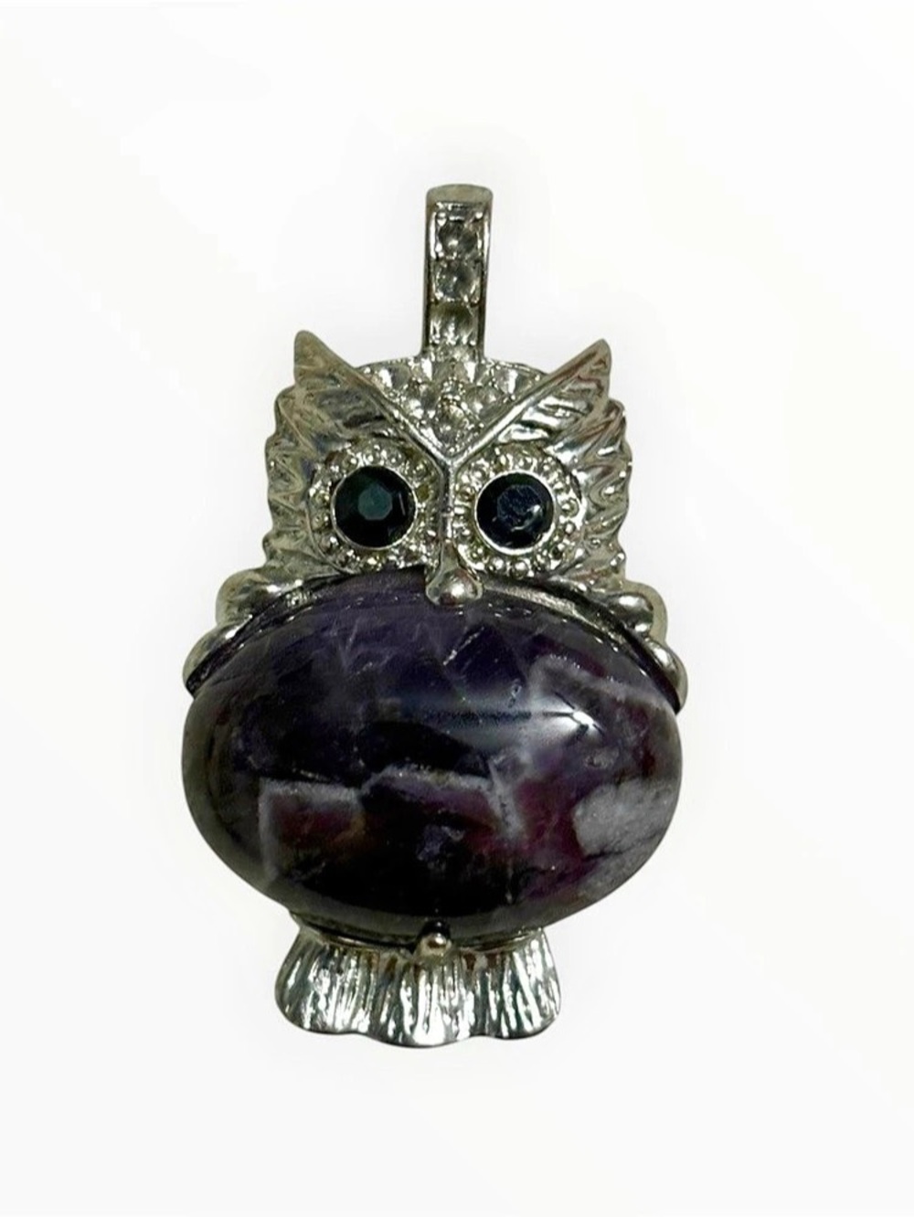 Vintage-Style Silver Tone Owl Pendant with Amethyst Cabochon Black Crystal Eyes
